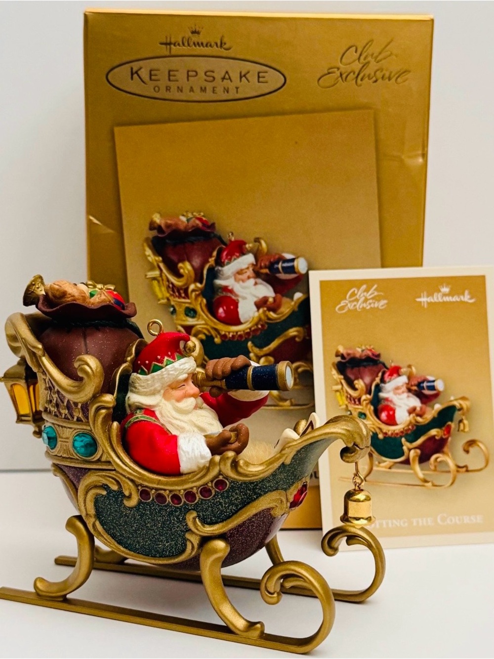 2004 handcrafted Hallmark Gold, Red & Green Santa Sleigh Keepsake Ornament